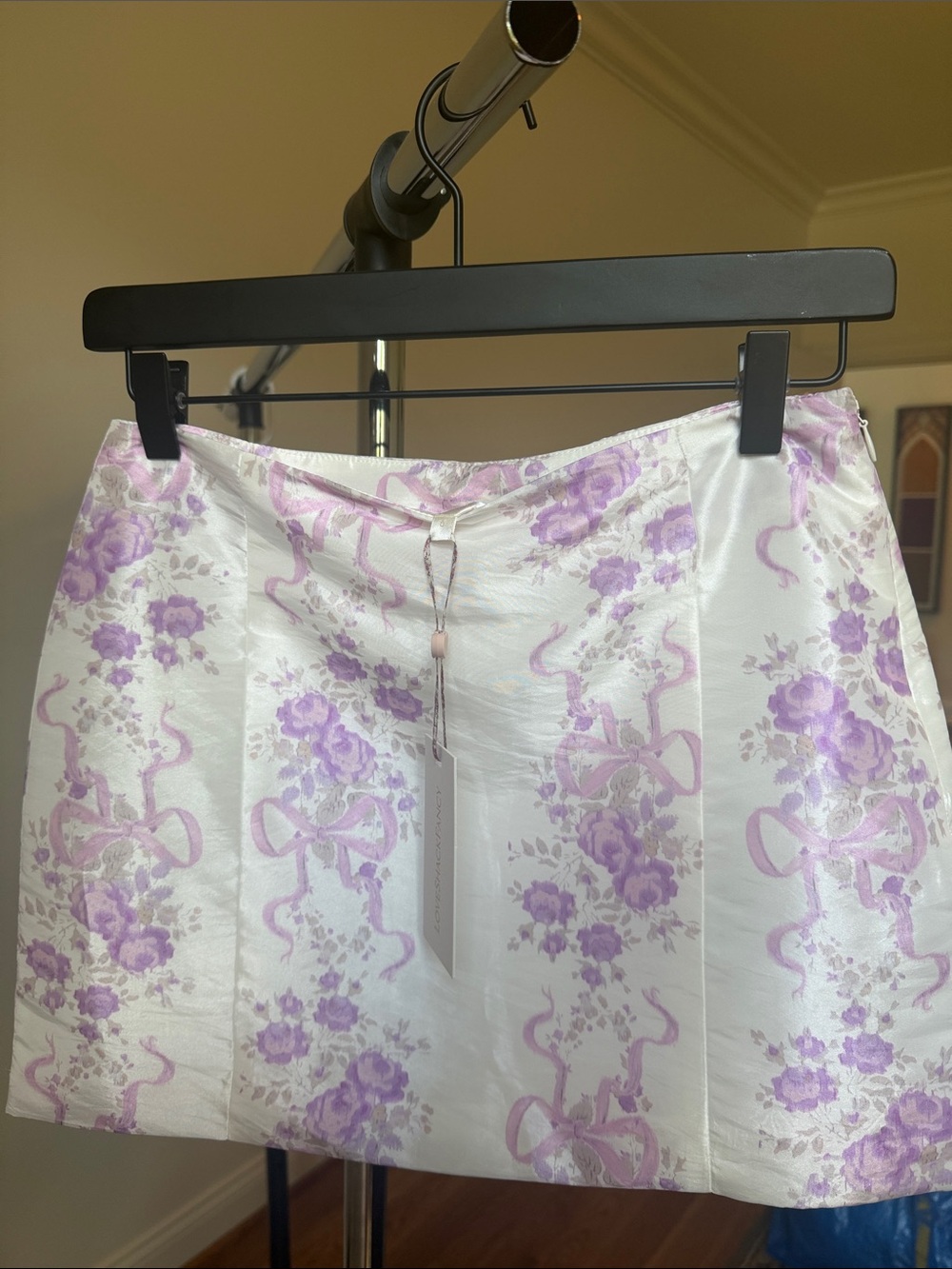 LoveShackFancy White and Lavender Floral Brocade Mini Skirt with Ribbon Motifs